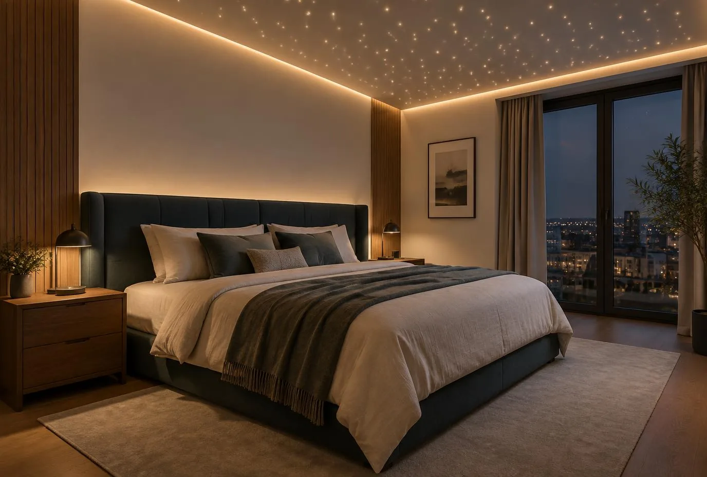 Schlafzimmer mit dezenter Sternendecke und indirektem Licht