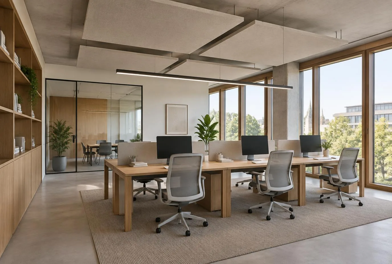 Büro mit modularer Akustikdecke und linearen Leuchten