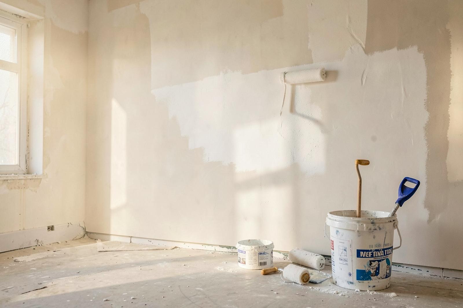 Frisch gespachtelte Wand mit Farbrolle und Eimer im leeren Raum
