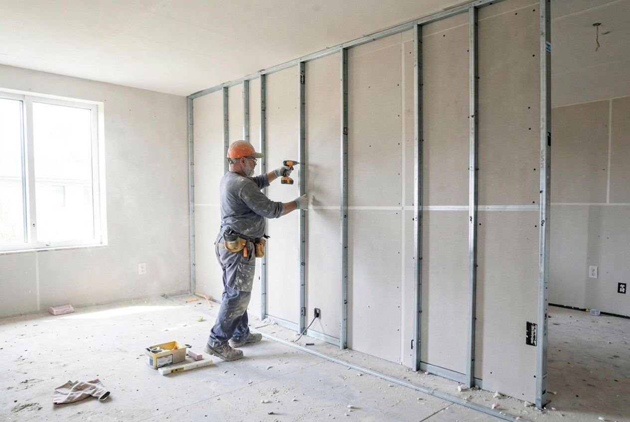 Handwerker montiert eine Trockenbauwand mit Metallständerwerk
