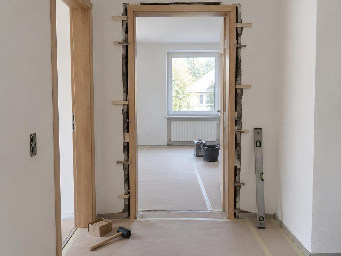 Neue Holztürzarge während der präzisen Montage im renovierten Flur