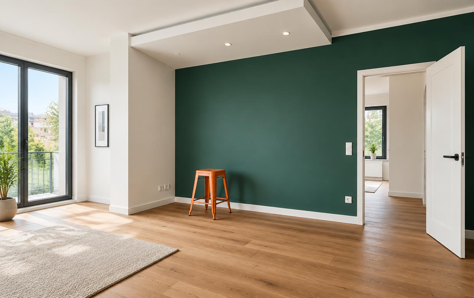 Gestaltungsbeispiel eines Wohnraums mit markierbaren Bereichen für Boden, Wand, Decke und Türen